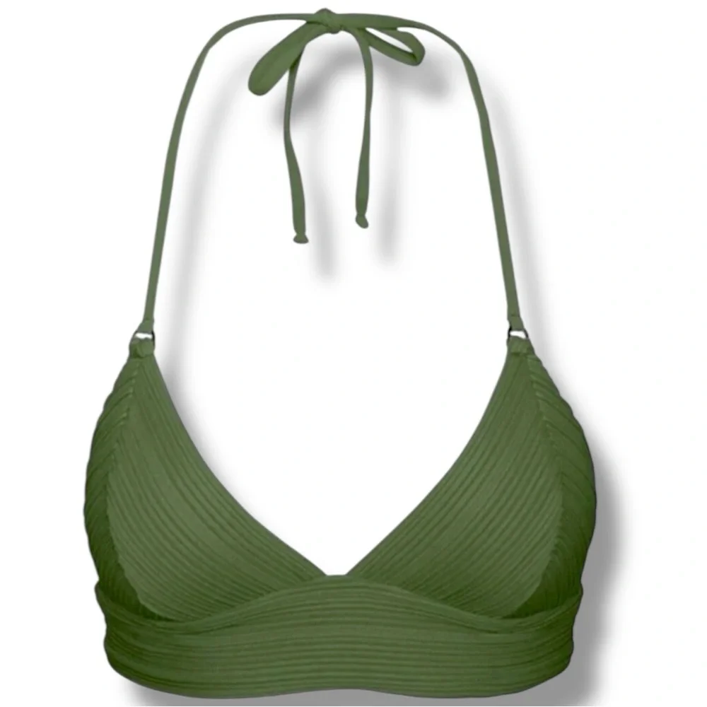 Robin Piccone Lily Ribbed Halter Triangle Bikini Top Basil Green L NWOT